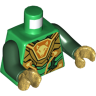 Armure de torse avec plaques d'or et hexagone orange avec motif imprimé tête de renard (Aaron), bras vert foncé, mains or nacré (Torso Armor with Gold Plates and Orange Hexagon with Fox Head Print (Aaron), Dark Green Arms, Pearl Gold Hands)