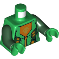 Torse, armure avec circuit orange et or et emblème orange avec motif imprimé tête de loup or, bras vert foncé, mains vertes (Torso, Armor with Orange and Gold Circuitry and Orange Emblem with Gold Wolf Head Print, Dark Green Arms, Green Hands)