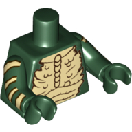 Visuel indicatif Rebrickable de Torse nu poitrine avec des os et des pointes motif imprimé, bras vert foncé avec motif imprimé rayures beiges, mains vert foncé (Torso Bare Chest with Bones and Spikes Print, Dark Green Arms with Tan Stripes Print, Dark Green Hands)