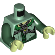 Visuel indicatif Rebrickable de Torse, robe avec col vert et lacets, chaîne avec cadenas avec motif imprimé œil de vert citron, bras vert foncé, mains vert jaunâtre (Torso, Dress with Green Collar and Laces, Chain with Padlock with Lime Eye Print, Dark Green Arms, Yellowish-Green Hands)