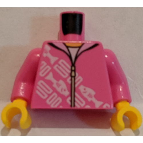Visuel indicatif Rebrickable de Sweat à capuche torse avec rectangles blancs diagonaux et motif imprimé poisson, bras rose foncé, mains jaunes (Torso Hoodie with Diagonal White Rectangles and Fish Print, Dark Pink Arms, Yellow Hands)