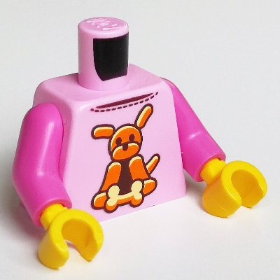 Visuel indicatif Rebrickable de Pull torse, motif imprimé Orange Chien et Os, bras rose foncé, mains jaunes (Torso Sweater, Orange Dog and Bone Print, Dark Pink Arms, Yellow Hands)