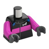 Torse, costume de course, bande rose foncé, motif imprimé blanc 'A', bras rose foncé, mains gris bleuté foncé (Torso, Racing Suit, Dark Pink Band, White 'A' Print, Dark Pink Arms, Dark Bluish Gray Hands)