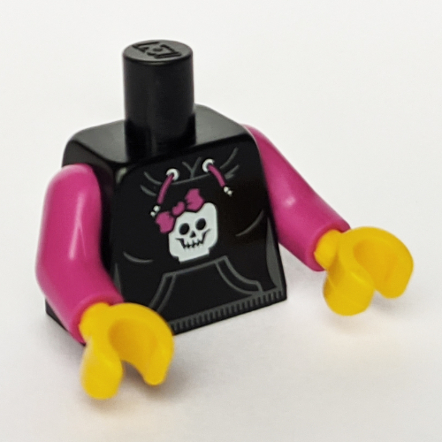 Visuel indicatif Rebrickable de Sweat à capuche torse avec poche, cordon de serrage et motif imprimé crâne minifigurine, bras magenta, mains jaunes - pas de motif imprimé dos (Torso Hoodie with Pocket, Drawstring and Minifig Skull Print, Magenta Arms, Yellow Hands - No Back Print)
