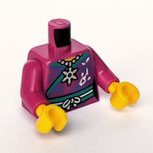 Écharpe de tunique de torse, collier, pendentif étoile, dentelle blanche, garniture turquoise foncé, vague violet foncé, motif imprimé koi, bras magenta, mains jaunes (Torso Tunic Wrap, Necklace, Star Pendant, White Lace, Dark Turquoise Trim, Dark Purple Wave, Koi Print, Magenta Arms, Yellow Hands)