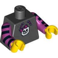 Sweat à capuche torse avec poche, cordon de serrage et motif imprimé crâne minifigurine, bras magenta avec rayures noires, mains jaunes (Torso Hoodie with Pocket, Drawstring and Minifig Skull Print, Magenta Arms with Black Stripes, Yellow Hands)