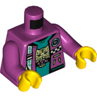 Veste torse, ouvert sur un sous-vêtement turquoise foncé avec motif imprimé tête de tigre, bras magenta, mains jaunes (Torso Jacket, Open over Dark Turquoise Undershirt with Tiger Head Print, Magenta Arms, Yellow Hands)