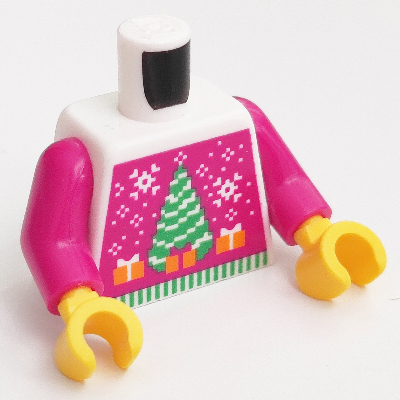 Visuel indicatif Rebrickable de Torse, pull de Noël avec décorations blanches, arbre de Noël, bonhomme de neige, motifs imprimés cadeaux, bras magenta, mains jaunes (Torso, Christmas Sweater with White Decorations, Christmas Tree, Snowman, Gifts Print, Magenta Arms, Yellow Hands)