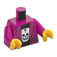 Veste torse avec poches zippées, ouverte sur un sous-chemise noir avec crâne blanc / motif imprimé 'Tour', bras magenta, mains jaunes (Torso Jacket with Zipper Pockets, Open over Black Undershirt with White Skull / 'Tour' Print, Magenta Arms, Yellow Hands)