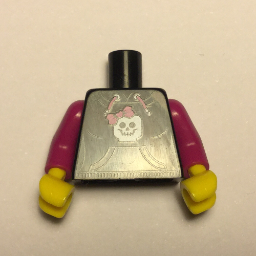 Visuel indicatif Rebrickable de Sweat à capuche torse avec poche, cordon de serrage et motif imprimé crâne figurine, bras magenta, mains jaunes - motif imprimé dos (Torso Hoodie with Pocket, Drawstring and Minifig Skull Print, Magenta Arms, Yellow Hands - Back Print)