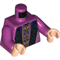 Visuel indicatif Rebrickable de Robe torse avec garniture noire ornée, sur tunique violet foncé et or avec motif imprimé de boutons, bras magenta, mains nougat clair (Torso Robe with Ornate Black Trim, Over Dark Purple and Gold Tunic with Buttons Print, Magenta Arms, Light Nougat Hands)