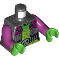 Torse, veste avec des panneaux magenta, ouvert sur la vert citron et un sous-vêtement vert vif, ceinture avec motif imprimé boucle de crâne, bras magenta, mains vert vif (Torso, Jacket with Magenta Panels, Open over Lime and Bright Green Undershirt, Belt with Skull Buckle Print, Magenta Arms, Bright Green Hands)