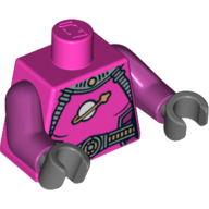Torse, combinaison spatiale avec ceintures et logo espace classique motif imprimé, bras magenta, mains gris bleuté foncé (Torso, Spacesuit with Belts and Classic Space Logo Print, Magenta Arms, Dark Bluish Gray Hands)