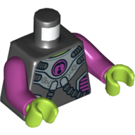 Combinaison spatiale torse, deux tuyaux, motif imprimé cercle magenta, bras magenta, mains vert citron (Torso Spacesuit, Two Hoses, Magenta Circle Print, Magenta Arms, Lime Hands)