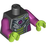 Combinaison de torse, Trois barres de vert citron, Tubes, Motif imprimé cercle magenta, bras magenta, mains vert citron (Torso Spacesuit, Three Lime Bars, Tubes, Magenta Circle Print, Magenta Arms, Lime Hands)