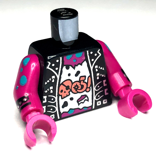 Visuel indicatif Rebrickable de Veste torse, ouvert sur chemise blanche avec des mots de malédiction corail, motif imprimé garniture argent, bras et mains magenta (Torso Jacket, Open over White Shirt with Coral Curse Words, Silver Trim Print, Magenta Arms and Hands)