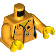 Visuel indicatif Rebrickable de Veste torse avec fermeture à glissière, cercle bleu azur et emblème rouge motif imprimé, bras orange clair vif, mains jaunes (Torso Jacket with Zipper, Azure Circle, and Red Emblem Print, Bright Light Orange Arms, Yellow Hands)