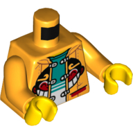 Veste torse, avec visage de singe, ouvert sur blanc et turquoise foncé sous-vêtement motif imprimé, bras orange clair vif, mains jaunes (Torso Jacket, with Monkey Face, Open over White and Dark Turquoise Undershirt Print, Bright Light Orange Arms, Yellow Hands)