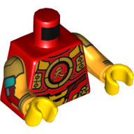 Visuel indicatif Rebrickable de Armure de torse, or et rouge foncé, cercle avec motif imprimé de caractères chinois, bras orange clair vif avec motif imprimé or, rouge foncé et armure turquoise foncée, mains jaunes (Torso Armor, Gold and Dark Red Plating, Circle with Chinese Character Print, Bright Light Orange Arms with Gold, Dark Red, and Dark Turquoise Armor Print, Yellow Hands)