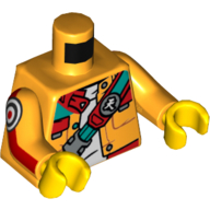 Visuel indicatif Rebrickable de Veste torse, bandoulière turquoise et rouge foncé, motif imprimé sous-vêtement blanc, bras orange clair lumineux avec motif imprimé de cercles de cible noirs, mains jaunes (Torso Jacket, Dark Turquoise and Red Shoulder Strap, White Undershirt Print, Bright Light Orange Arms with Black Target Circles Print, Yellow Hands)