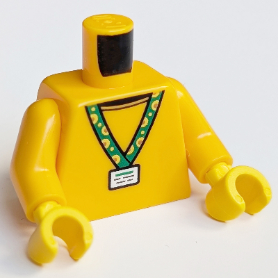Visuel indicatif Rebrickable de Torse, lanière de cou vert, carte d'identité motif imprimé, bras orange clair vif, mains jaunes (Torso, Green Neck Lanyard, ID Card Print, Bright Light Orange Arms, Yellow Hands)