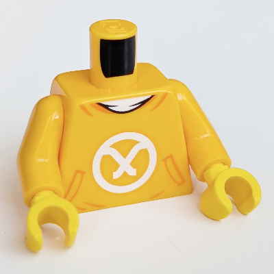 Visuel indicatif Rebrickable de Sweat à capuche avec logo blanc imprimé, bras orange clair vif, mains jaunes (Torso Hoodie with White Logo Print, Bright Light Orange Arms, Yellow Hands)