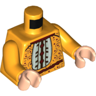 Visuel indicatif Rebrickable de Robe de torse, panneau central blanc, bord brun rougeâtre, taches et tourbillons motif imprimé, bras orange clair vif, mains nougat clair (Torso Dress, White Center Panel, Reddish Brown Trim, Spots, and Swirls Print, Bright Light Orange Arms, Light Nougat Hands)