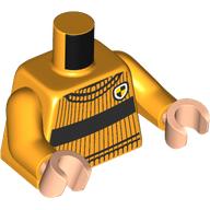 Visuel indicatif Rebrickable de Torse, pull, bandes noires, Poudlard Poufsouffle blason motif imprimé, bras orange clair vif, mains nougat clair (Torso, Sweater, Black Strips, Hogwarts Hufflepuff Crest Print, Bright Light Orange Arms, Light Nougat Hands)