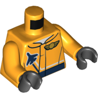 Veste de torse avec avion bleu foncé et pilote badge motif imprimé, bras orange clair vif, mains noires (Torso Jacket with Dark Blue Plane and Pilot Wing Badge Print, Bright Light Orange Arms, Black Hands)