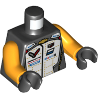 Visuel indicatif Rebrickable de Veste de course torse, poitrine blanche avec logos chevron, michelin et mobil imprimé, bras orange clair vif, mains noires (Torso Race Jacket, White Chest with Chevron, Michelin, and Mobil Logos Print, Bright Light Orange Arms, Black Hands)