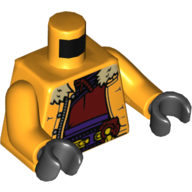 Visuel indicatif Rebrickable de Veste torse avec col en fourrure beige, ouvert sur un sous-chemise rouge foncé, motif : ceinture utilitaire, bras orange clair vif, mains noires (Torso Jacket with Tan Fur Collar, Open over Dark Red Undershirt, Utility Belt Print, Bright Light Orange Arms, Black Hands)