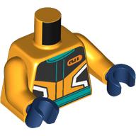 Visuel indicatif Rebrickable de Torse, costume de course, noir / turquoise foncé / blanc décorations motif imprimé, bras orange clair vif, mains bleu foncé (Torso, Race Suit, Black/Dark Turquoise/White Decorations Print, Bright Light Orange Arms, Dark Blue Hands)