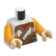 Visuel indicatif Rebrickable de Torse, armure or/jaune, chemise blanche, motif imprimé turquoise foncé/rouge décorations, bras orange clair vif, mains beiges (Torso, Gold/Yellow Armor, White Shirt, Dark Turquoise/Red Decorations Print, Bright Light Orange Arms, Tan Hands)
