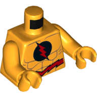 Torse Muscles, Logo Flash rouge en cercle noir, motif imprimé ceinture rouge (Flash inversé), bras et mains orange clair vif (Torso Muscles, Red Flash Logo in Black Circle, Red Belt Print (Reverse Flash), Bright Light Orange Arms and Hands)