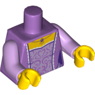 Visuel indicatif Rebrickable de Torse robe avec broderie lavande, blanc garniture et or Collier motif imprimé, bras lavande, mains jaunes (Torso Dress with Lavender Embroidery, White Trim and Gold Necklace Print, Lavender Arms, Yellow Hands)