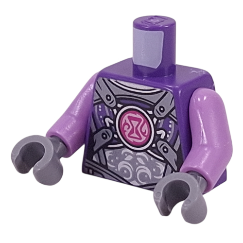 Torse, armure argentée, sangles, sablier magenta sur motif imprimé cercle rose vif, bras lavande, mains gris bleuté foncé (Torso, Silver Armor, Straps, Magenta Hourglass on Bright Pink Circle Print, Lavender Arms, Dark Bluish Gray Hands)