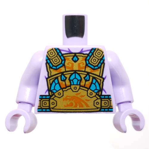 Visuel indicatif Rebrickable de Armure de torse, plaques d'or et d'orange avec des bijoux turquoise foncé imprimé, bras et mains lavande (Torso Armor, Gold and Orange Plates with Dark Turquoise Jewels Print, Lavender Arms and Hands)