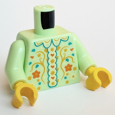 Visuel indicatif Rebrickable de Torse, robe avec orange, bleu et lumineux décorations de fleurs jaune clair imprimé, bras vert jaunâtre, mains jaunes (Torso, Dress with Orange, Blue and Bright Light Yellow Flower Decorations Print, Yellowish Green Arms, Yellow Hands)