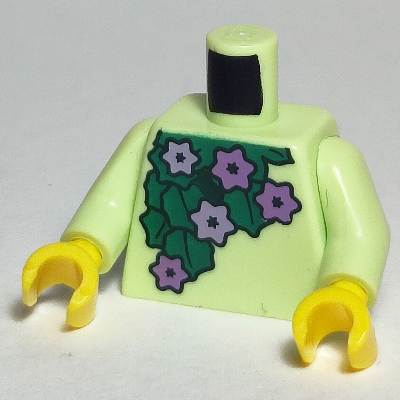 Visuel indicatif Rebrickable de Torse, moyenne lavande fleurs, motif imprimé feuilles vert foncé, bras vert jaunâtre, mains jaunes (Torso, Medium Lavender Flowers, Dark Green Leaves Print, Yellowish Green Arms, Yellow Hands)