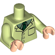 Visuel indicatif Rebrickable de Torse, blouse de laboratoire, chemise vert sable, motif imprimé cravate vert foncé, bras vert jaunâtre, mains nougat clair (Torso, Lab-Coat, Sand Green Shirt, Dark Green Tie Print, Yellowish Green Arms, Light Nougat Hands)
