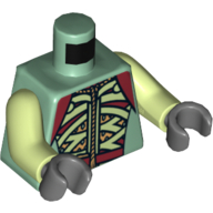 Torse, armure avec sangles vert clair et rouge foncé et motif imprimé ceinture, bras vert jaunâtre, mains gris bleuté foncé (Torso, Armor with Light Green and Dark Red Straps and Belt Print, Yellowish Green Arms, Dark Bluish Gray Hands)