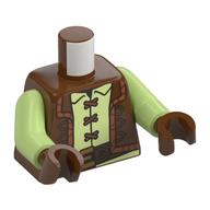 Visuel indicatif Rebrickable de Torse, veste brun rougeâtre, garniture orange foncé, chemise vert jaunâtre, lacets, motif imprimé ceinture noire, bras vert jaunâtre, mains brun rougeâtre (Torso, Reddish Brown Jacket, Dark Orange Trim, Yellowish Green Shirt, Laces, Black Belt Print, Yellowish Green Arms, Reddish Brown Hands)