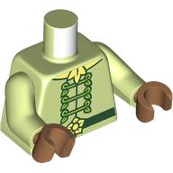 Torse, tunique, lacets de vert citron, ceinture vert foncé, fleur jaune clair vif, motif imprimé écharpe, bras vert jaunâtre, mains nougat moyen (Torso, Tunic, Lime Laces, Dark Green Belt, Bright Light Yellow Flower, Scarf Print, Yellowish Green Arms, Medium Nougat Hands)