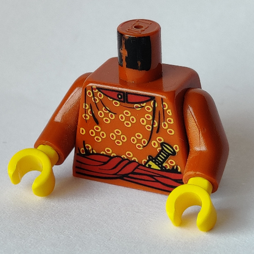 Visuel indicatif Rebrickable de Torse, robe avec taches jaunes, ceinture, couteau, motif imprimé col, bras orange foncé, mains jaunes (Torso, Robe with Yellow Spots, Sash, Knife, Collar Print, Dark Orange Arms, Yellow Hands)