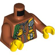 Visuel indicatif Rebrickable de Torse, sweat à capuche avec cordons, sangles avec pochettes, bobine de motif imprimé corde verte, bras orange foncé, mains jaunes (Torso, Hoodie with Draw Strings, Straps with Pouches, Coil of Green Rope Print, Dark Orange Arms, Yellow Hands)