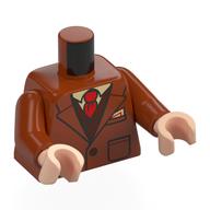 Visuel indicatif Rebrickable de Torse, manteau, gilet brun foncé, chemise beige, motif imprimé cravate rouge, bras orange foncé, mains nougat clair (Torso, Coat, Dark Brown Vest, Tan Shirt, Red Tie Print, Dark Orange Arms, Light Nougat Hands)