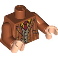 Visuel indicatif Rebrickable de Torse, veste de costume à rayures, gilet noir et motif imprimé cravate rouge, bras orange foncé, mains nougat clair (Torso, Pinstriped Suit Jacket, Dark Tan Vest and Red Tie Print, Dark Orange Arms, Light Nougat Hands)