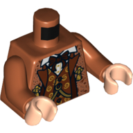 Visuel indicatif Rebrickable de Torse, Veste, ouvert sur Gilet avec tourbillons et motif imprimé nœud papillon, bras orange foncé, mains nougat clair (Torso, Jacket, Open over Vest with Swirls and Bow Tie Print, Dark Orange Arms, Light Nougat Hands)