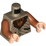 Visuel indicatif Rebrickable de Torse, Gilet avec revers brun rougeâtre, chemise orange et motif imprimé noeud papillon, bras orange foncé, mains nougat clair (Torso, Vest with Reddish Brown Lapels, Orange Shirt and Bow Tie Print, Dark Orange Arms, Light Nougat Hands)