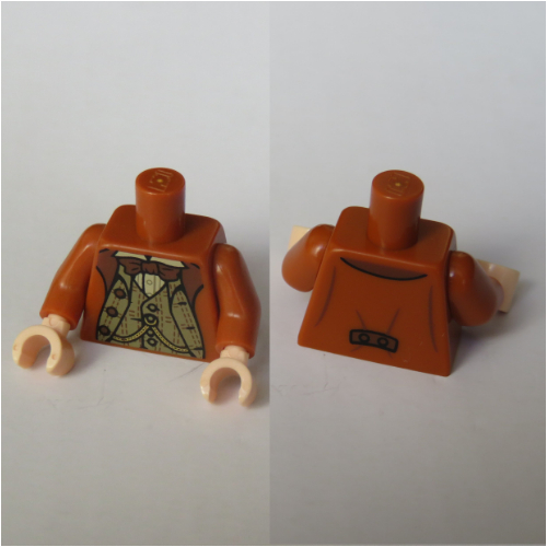 Visuel indicatif Rebrickable de Torse, veste avec gilet, motif imprimé nœud papillon (Horace Slughorn ), bras orange foncé, mains nougat clair (Torso, Jacket with Vest, Bow Tie Print (Horace Slughorn ), Dark Orange Arms, Light Nougat Hands)